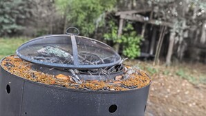A portable grill with a mesh cover, surrounded by wood chips and debris, set in an outdoor area with trees and a wooden structure in the background. - Thunderbolt Coastal Cottage (Thunderbolt)