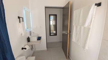 Apartment, 1 King Bed, Kitchen, Garden View | Bathroom | Shower, towels, soap, toilet paper