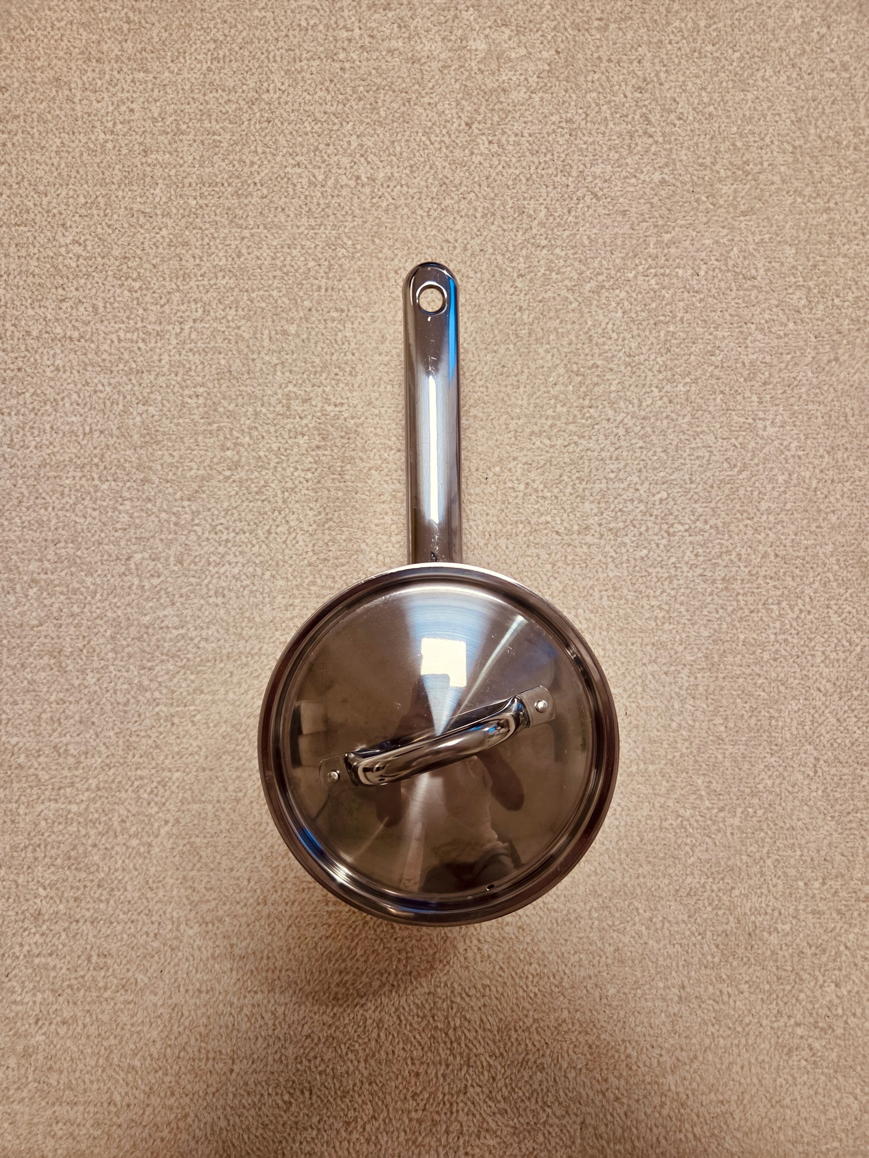 A stainless steel pot with a lid on a beige carpet.