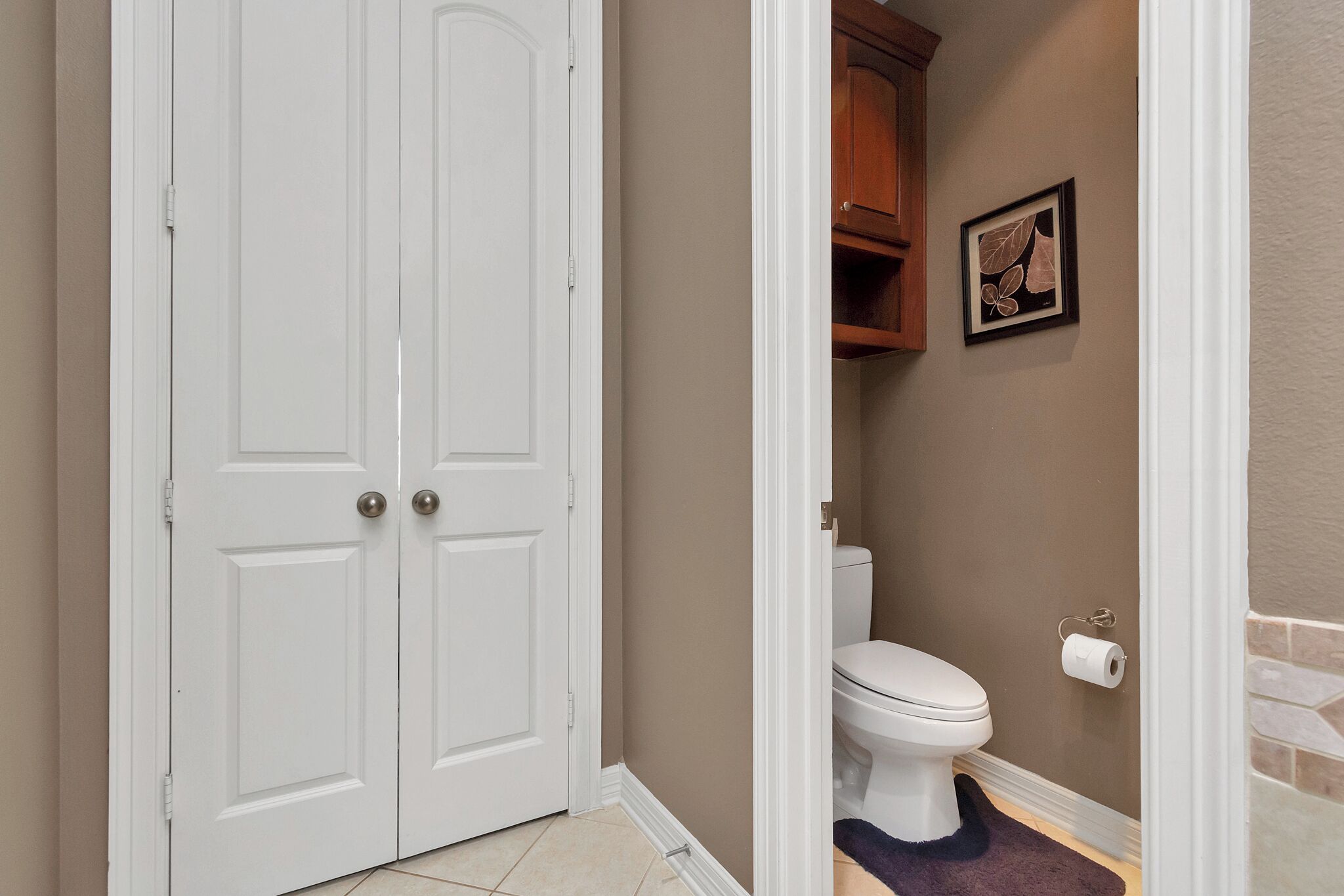 A bathroom with a toilet, a roll of toilet paper, a framed picture on the wall, and a wooden cabinet.