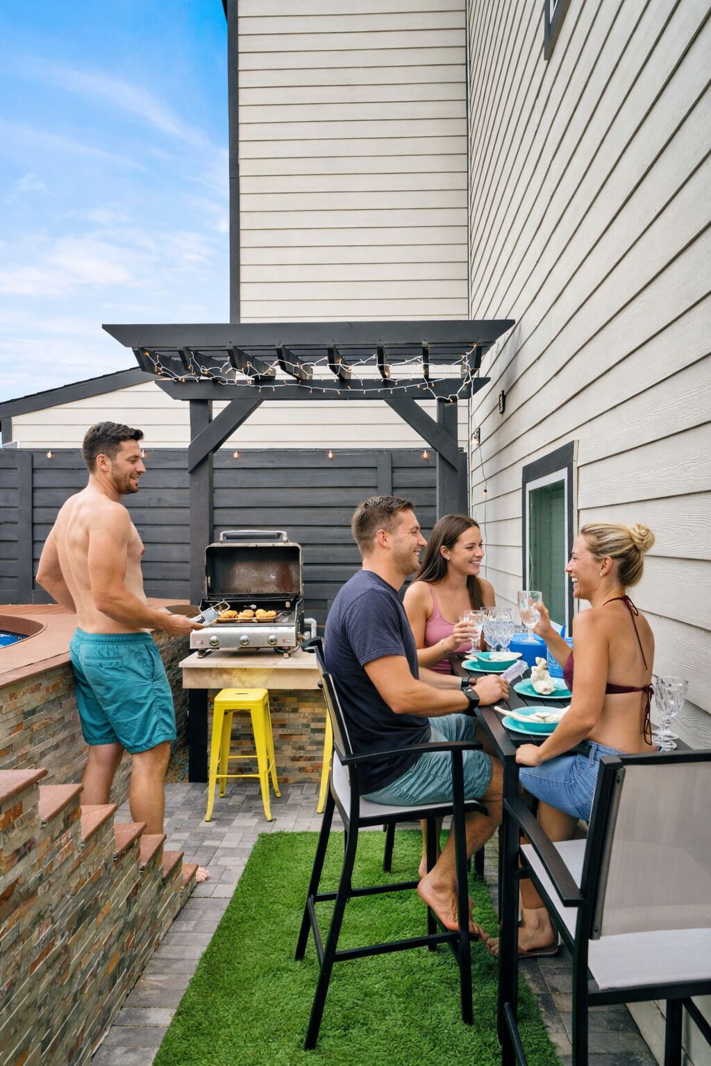A patio with a grill, outdoor seating, and a pergola.