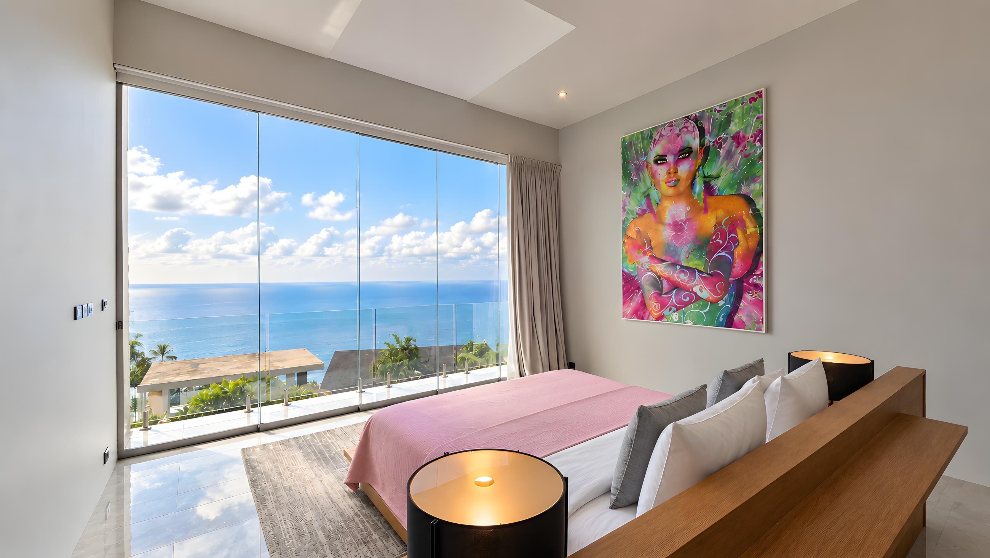 A bedroom with a large window, a bed, a painting, and a nightstand.
