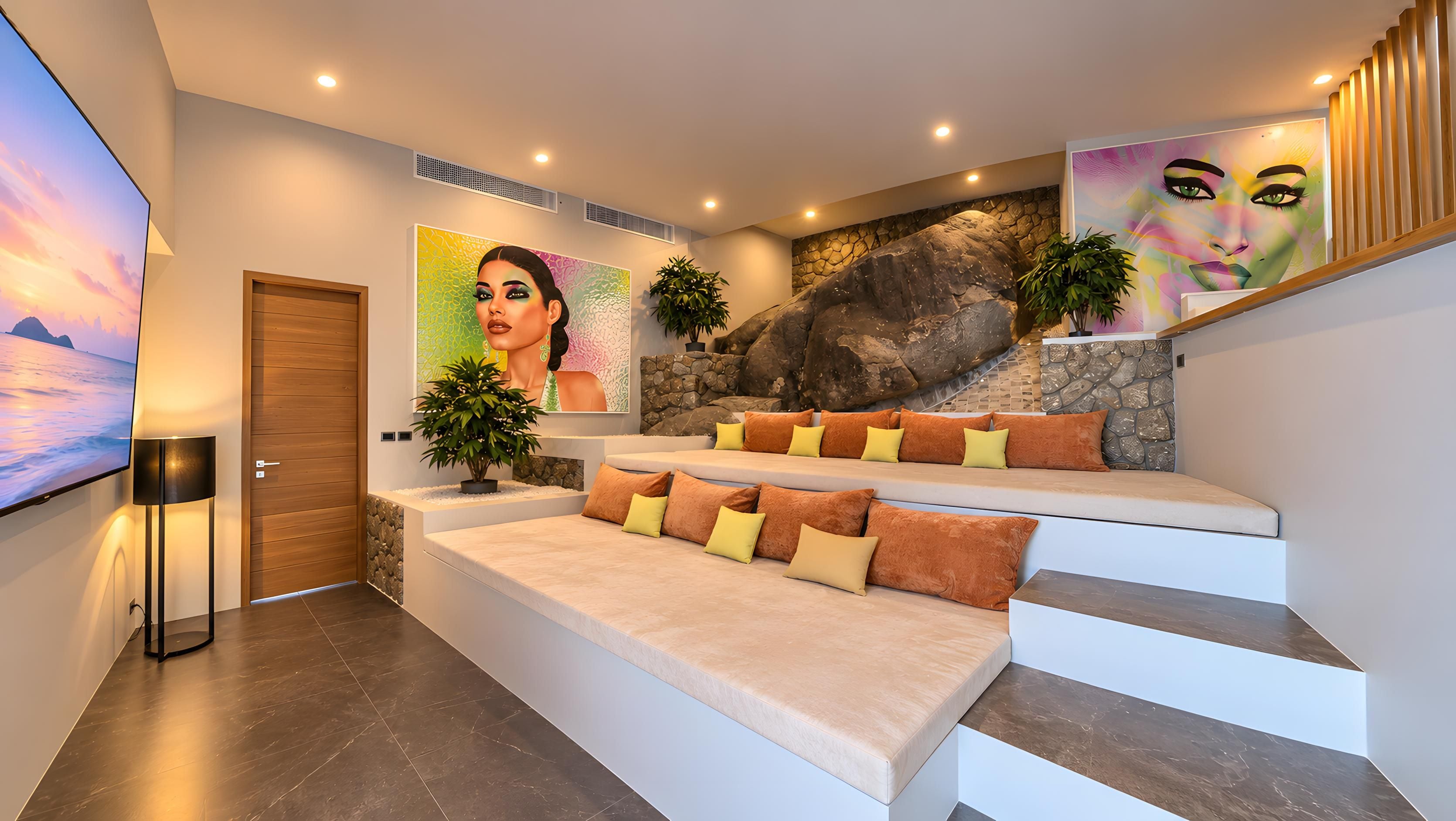 Un interior moderno con una escalera, un sofá, una gran pared de roca y un cuadro.