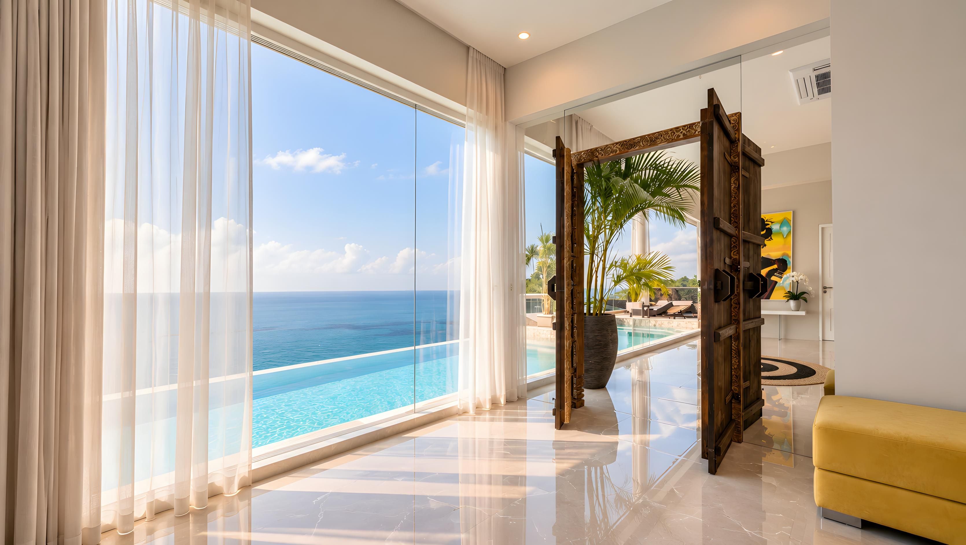 A spacious room with a large window overlooking a pool and the ocean, a wooden door leading to a balcony, and a yellow sofa.
