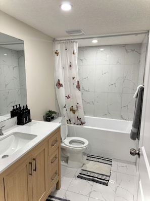 Bathroom - Cozy, modern space with dedicated workspace. Transit bus just opposite the road. (Calgary)