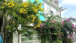 Un edificio con fachada azul y blanca, una entrada con reja y plantas en macetas a lo largo del costado.