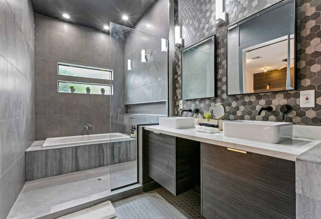 Jetted bath, hair dryer, towels, toilet paper