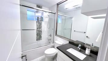 Hair dryer, towels, soap, toilet paper