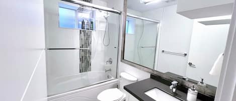 Hair dryer, towels, soap, toilet paper