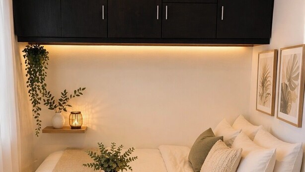 Una camera da letto con un letto, comodini, una lampada da comodino, una pianta pensile e quadri appesi al muro.