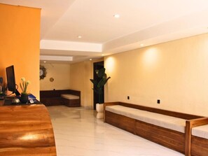 Zona de recepción con mostrador de madera, un banco y una planta grande en maceta.