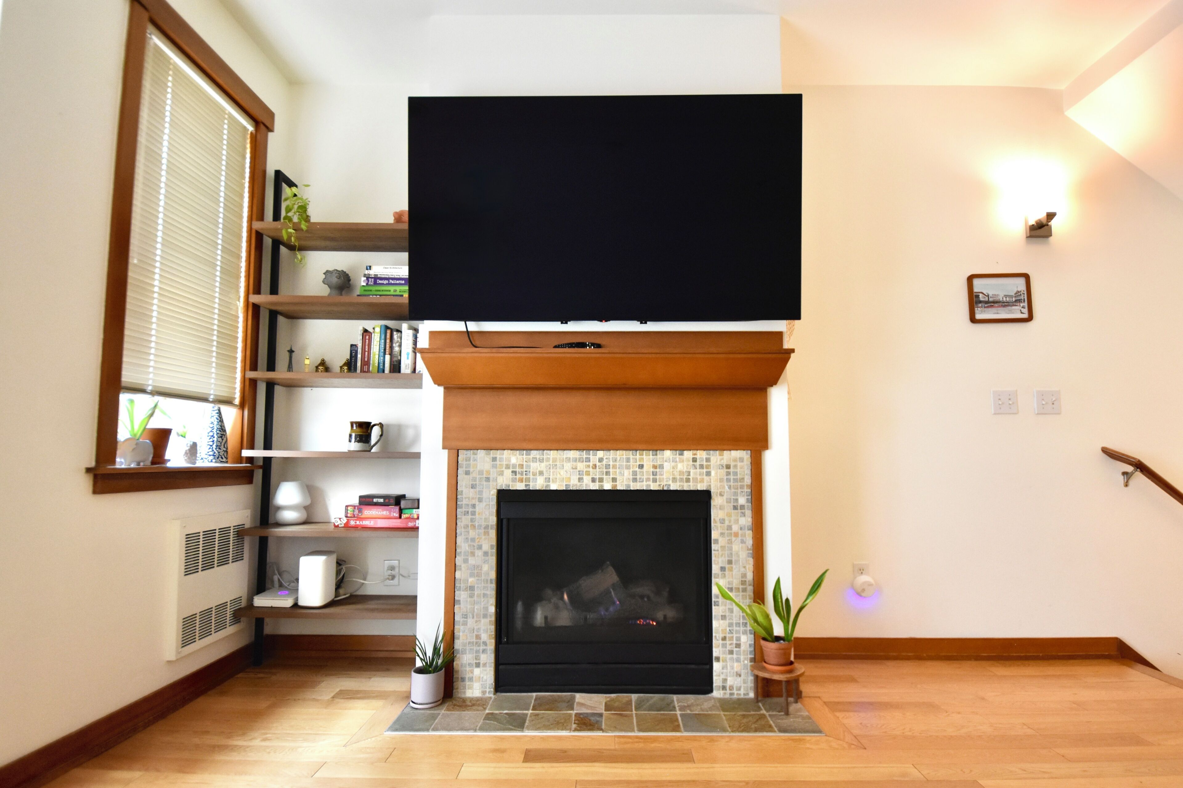 Smart TV, chimenea, libros, monitor de computadora