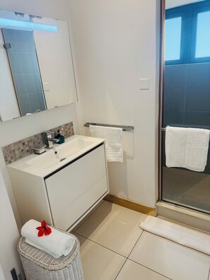 Dusche, Haartrockner, Handtücher, Toilettenpapier