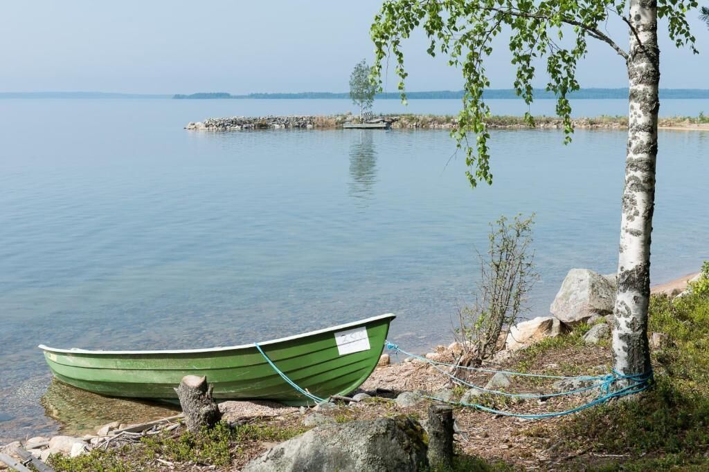 Um lago calmo com um barco verde amarrado a uma árvore e pedras.