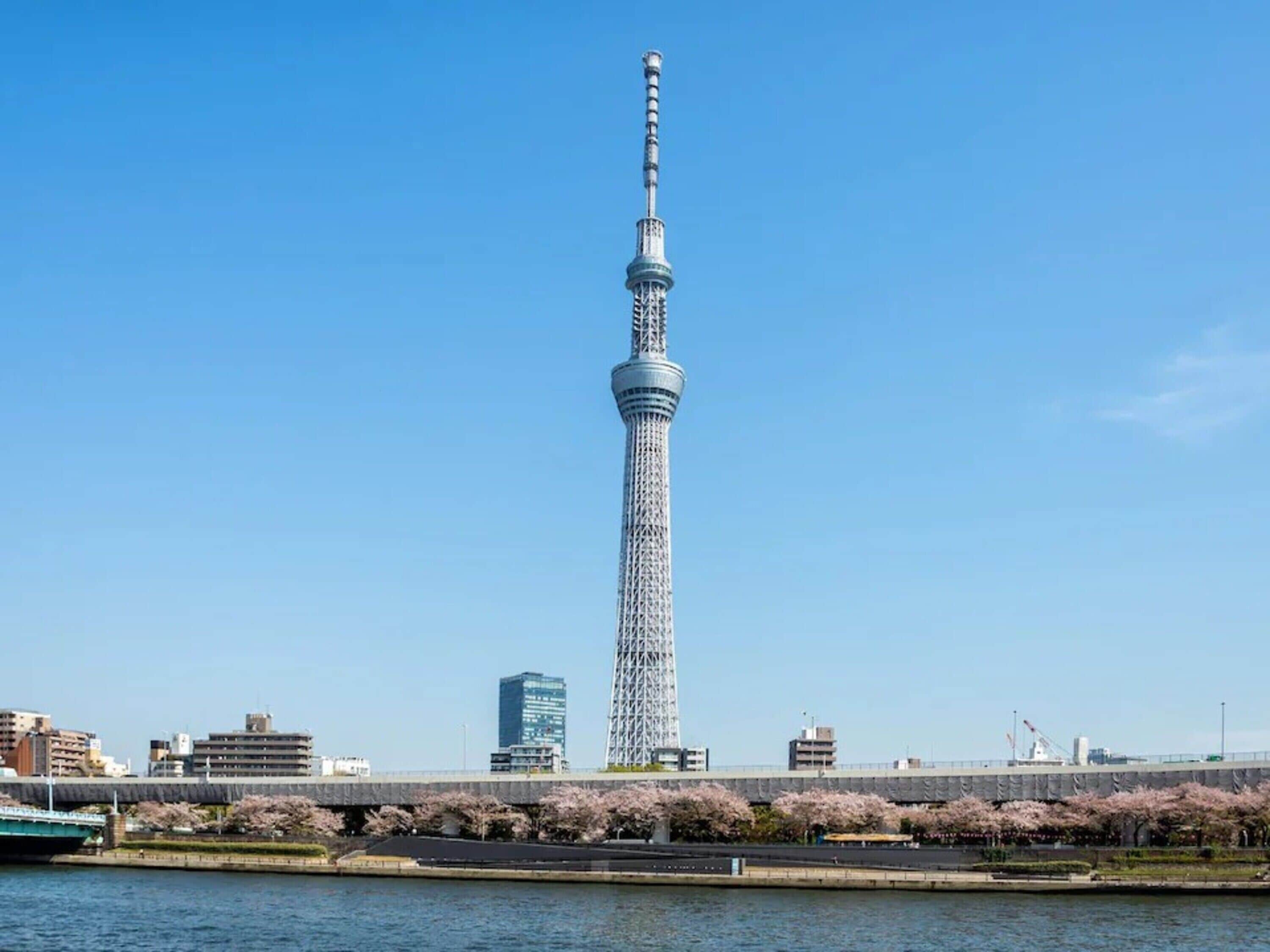 Uma torre alta com estrutura em treliça, rodeada por água e edifícios.
