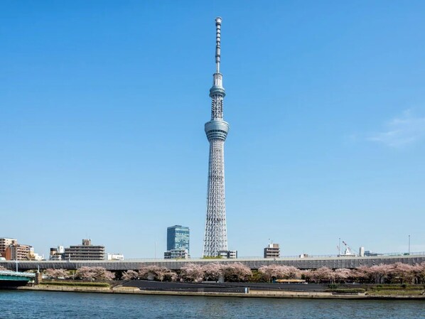 A tall tower with a lattice structure, surrounded by water and buildings.
