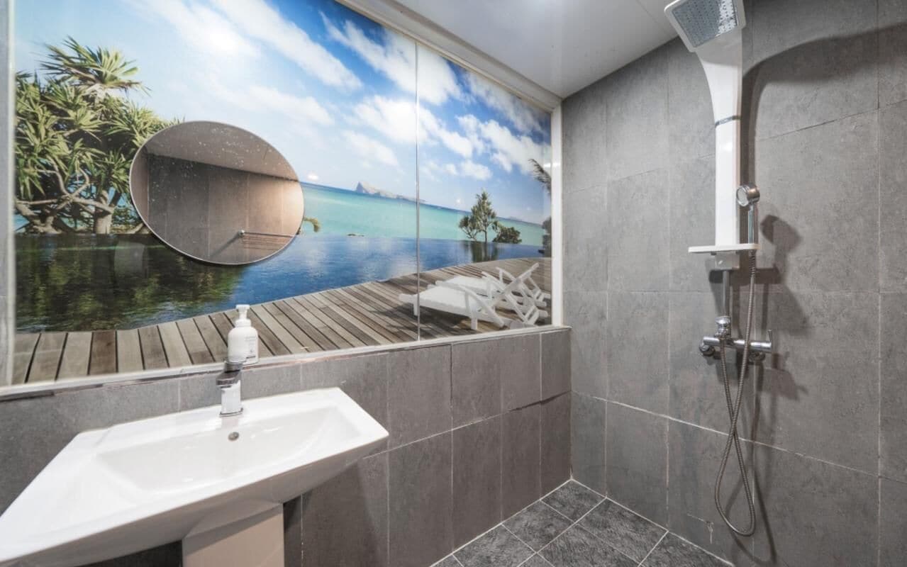 Baño con un amplio ventanal, ducha y lavamanos.
