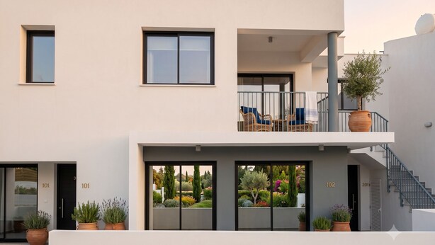 Ein modernes, zweistöckiges Gebäude mit nummerierten Türen, einem Balkon mit Gartenmöbeln und Blumentöpfen.