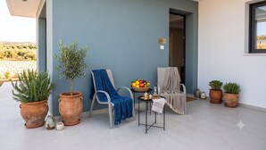 Ein moderner Sitzbereich im Freien mit Topfpflanzen, einem Sessel mit blauer Decke, einem kleinen Tisch mit Früchten und einem Teekessel sowie Blick auf die Landschaft.