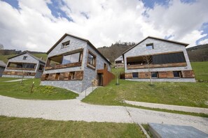 A modern two-story house with a stone facade and wooden accents, set in a grassy area with a clear sky. - Alpine Stay, Sauna & Fireplace (Bramberg am Wildkogel)