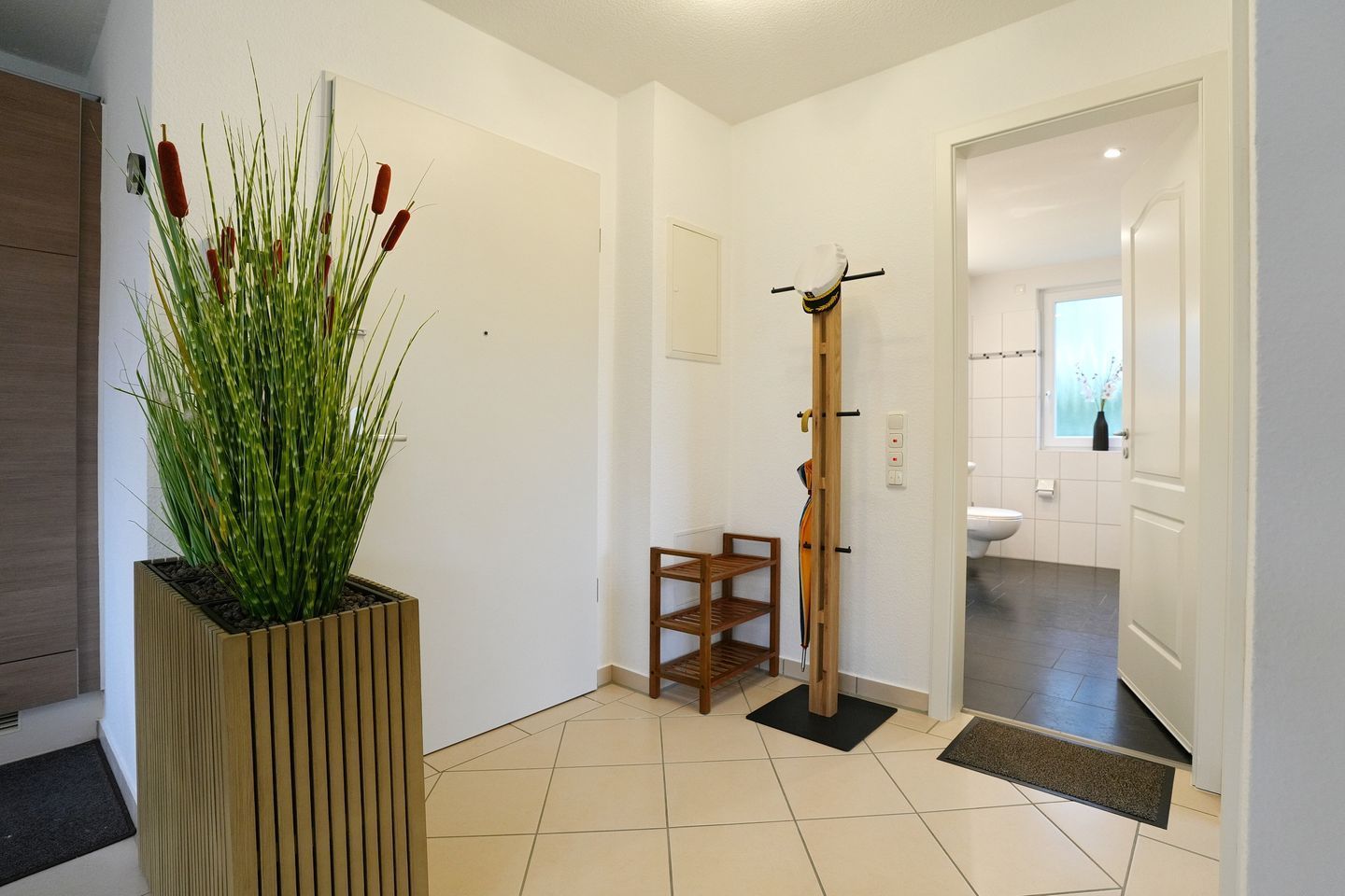 Un pasillo con planta en maceta, repisa de madera, perchero y vista hacia un baño.