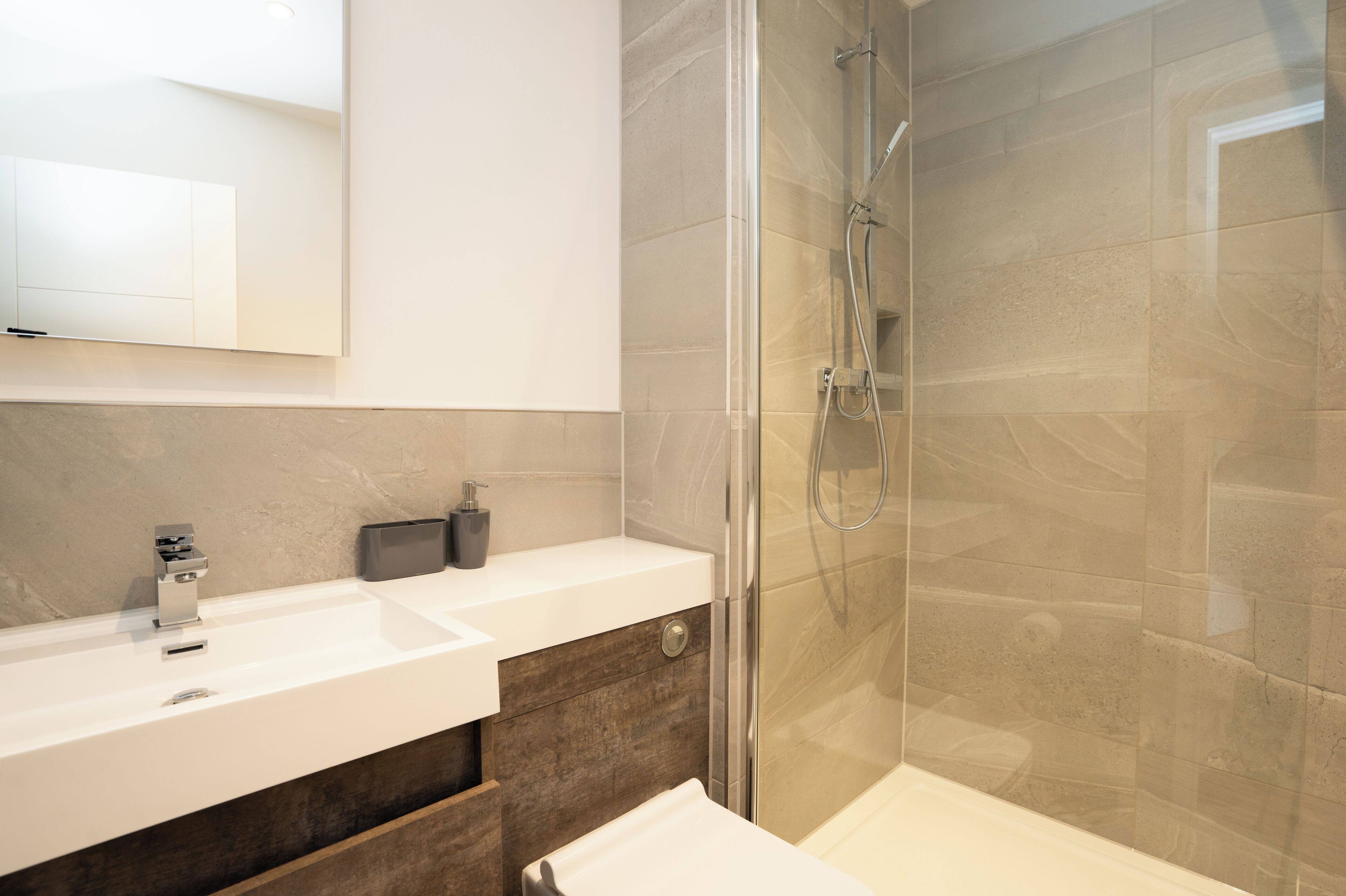 Shower, towels, toilet paper
