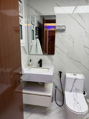 Haartrockner, Handtücher, Seife, Toilettenpapier
