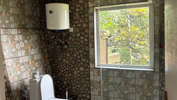 A bathroom with a toilet, a shower, a window with a view, and a stone wall.