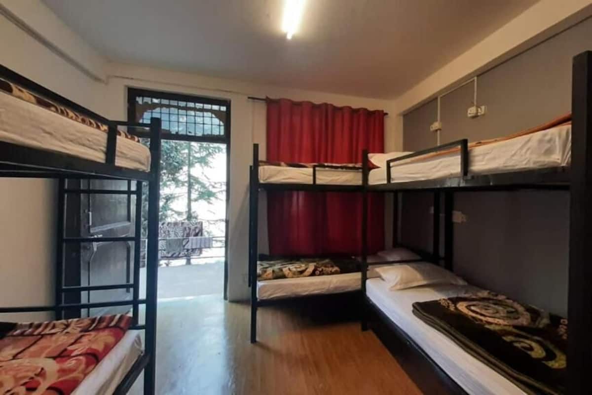 A dormitory room with bunk beds, a window with curtains, and a door leading outside.