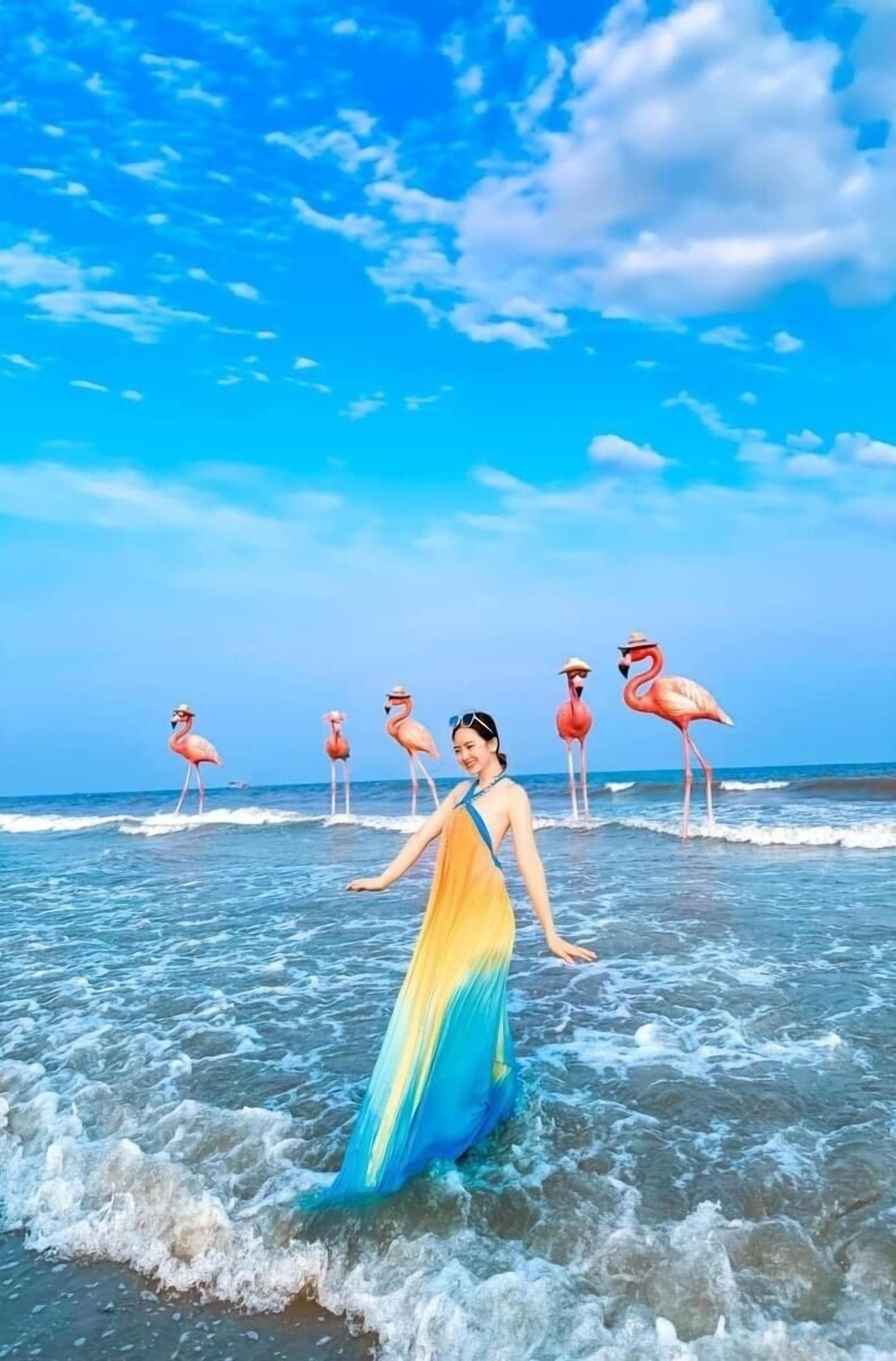A beach scene with a person in a flowing dress and flamingos in the background.
