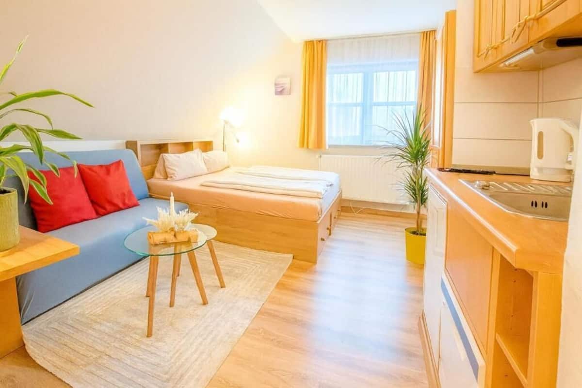 A compact hotel room with a bed, a sofa, a small table with a plant, a kitchen area, and a window with curtains.