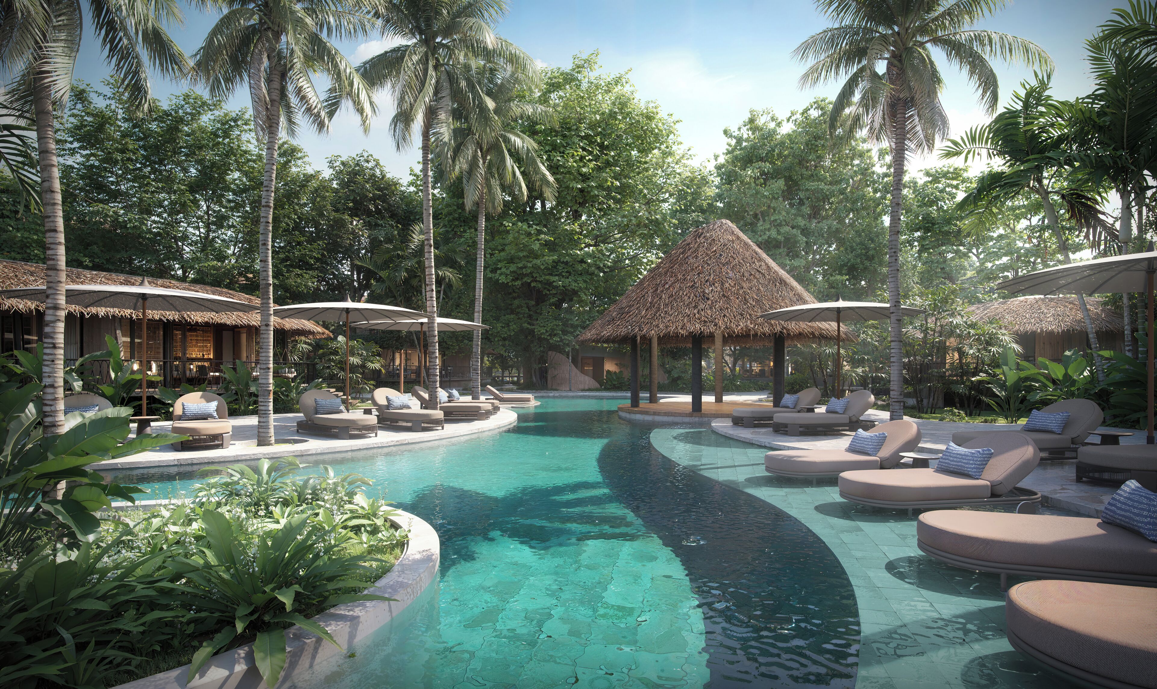 Outdoor pool, free cabanas, pool umbrellas