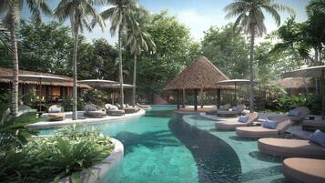 Outdoor pool, free cabanas, pool umbrellas
