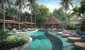 A resort with a swimming pool, lounge chairs, and thatched-roof structures.