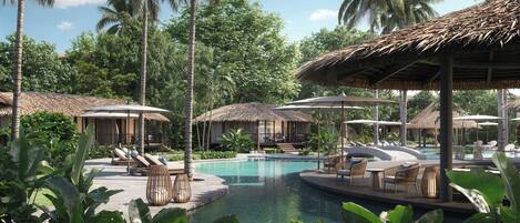 A resort with a swimming pool, lounge chairs, and thatched-roof structures.
