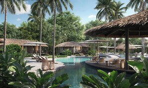 A resort with a swimming pool, lounge chairs, and thatched-roof structures.