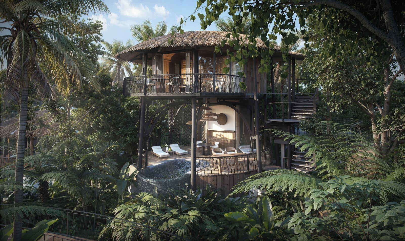 A multi-level wooden structure with a thatched roof, surrounded by lush tropical vegetation.