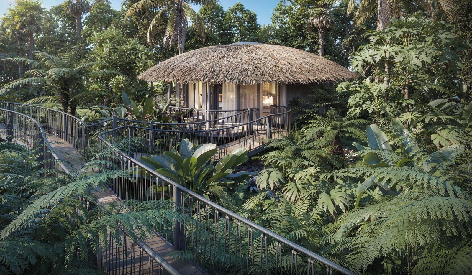 A thatched-roof structure surrounded by lush tropical vegetation, with a metal staircase leading up to it.