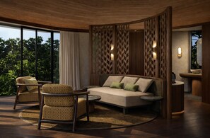 A modern interior with a sofa, chairs, a round table, and a decorative wooden partition.