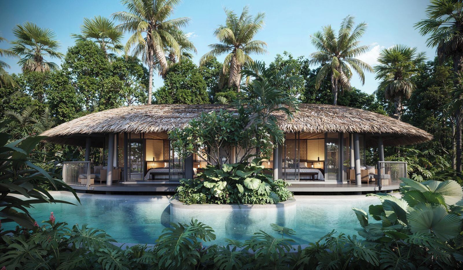 A resort with a pool, thatched-roof structures, and lush greenery.