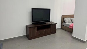 A modern living room with a flat-screen TV on a wooden stand, a grey sofa, and a pink item on the sofa.