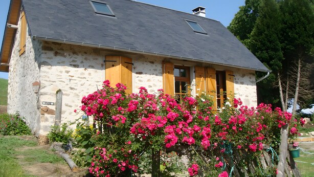 Une maison en pierre avec un toit en pente, des volets en bois et un jardin où poussent des fleurs roses.
