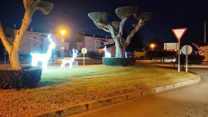 A nighttime street scene with illuminated trees, a street lamp, and road signs. - Relax & Play Panoramic Golf Vinaroz (San Jorge)