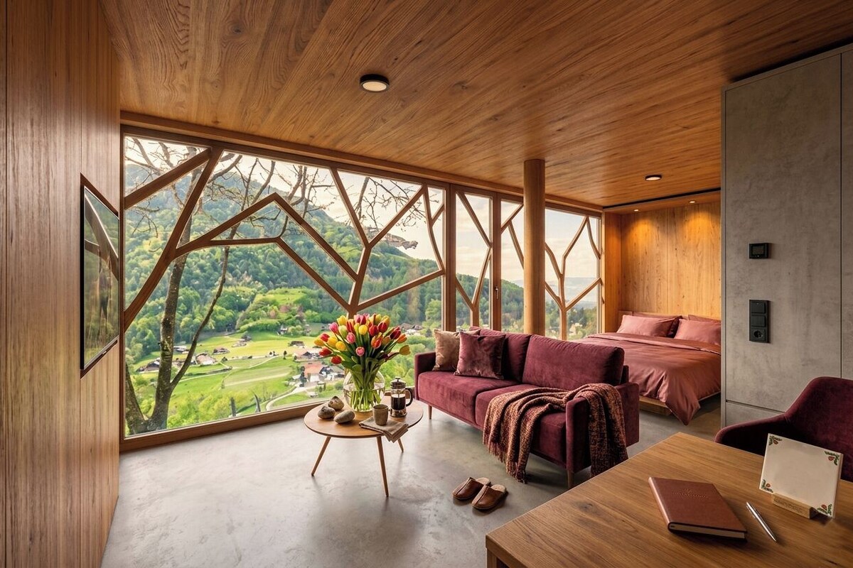 Um interior moderno com uma janela ampla, teto de madeira e um espaço de estar aconchegante.