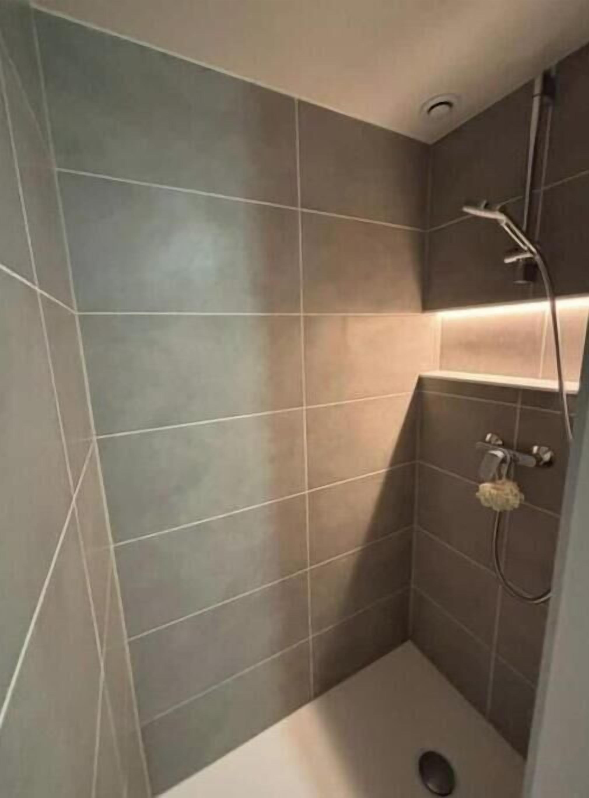 Shower, hair dryer, towels, toilet paper