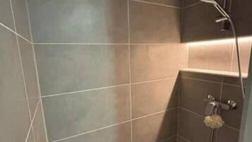 Shower, hair dryer, towels, toilet paper