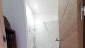 Baño con ducha, inodoro y puerta de madera.