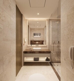 Quarto duplo luxo | Banheiro | Chuveiro, chuveiro com efeito de chuva, secador de cabelo 