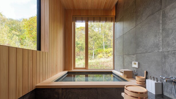 A modern bathroom with a glass-enclosed hot tub, wooden accents, and a view of trees. - Ro-An (Kutchan)