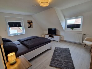 A bedroom with a bed, a TV, a radiator, and two windows.